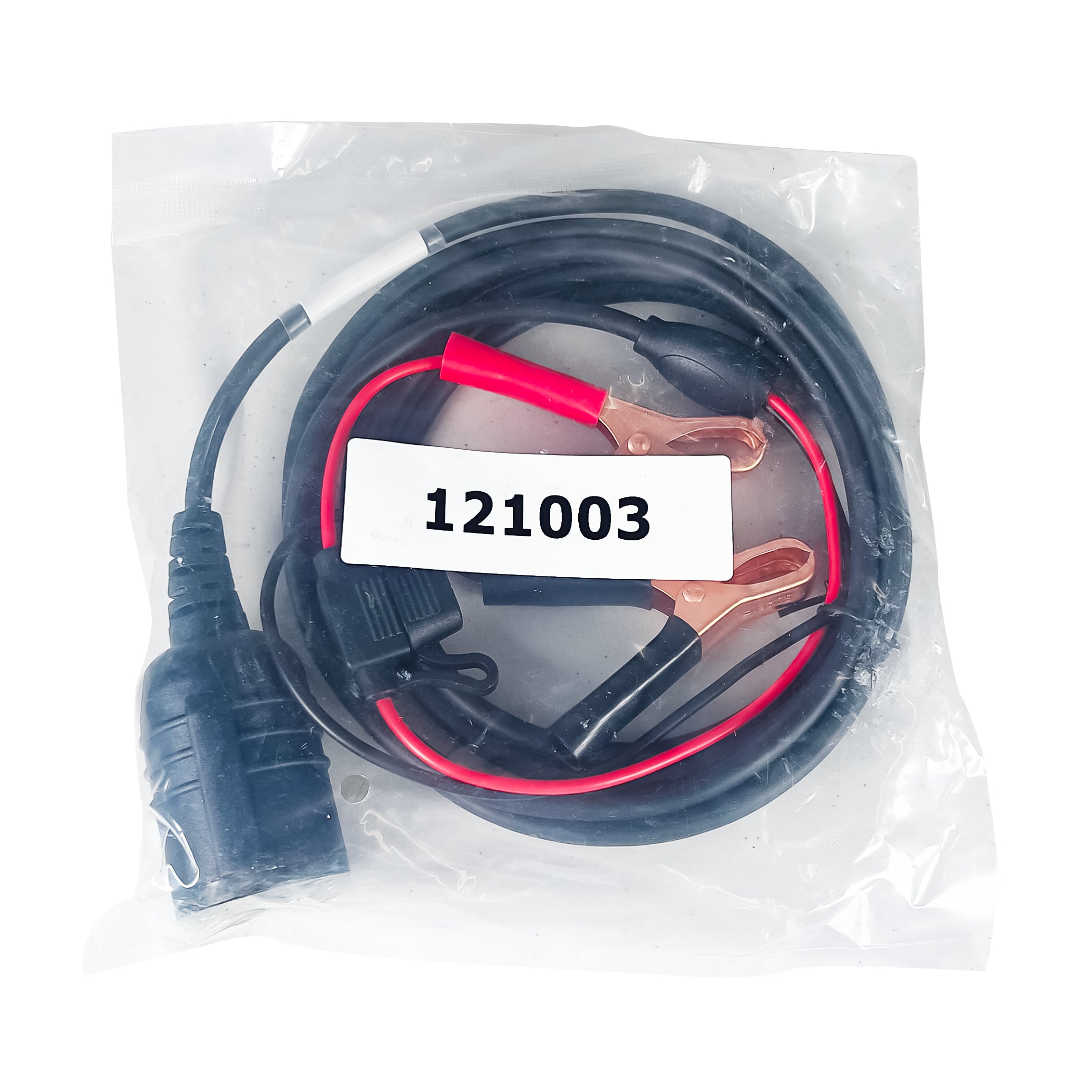 Battery cable set with connectors in clear packaging, labeled '121003'.