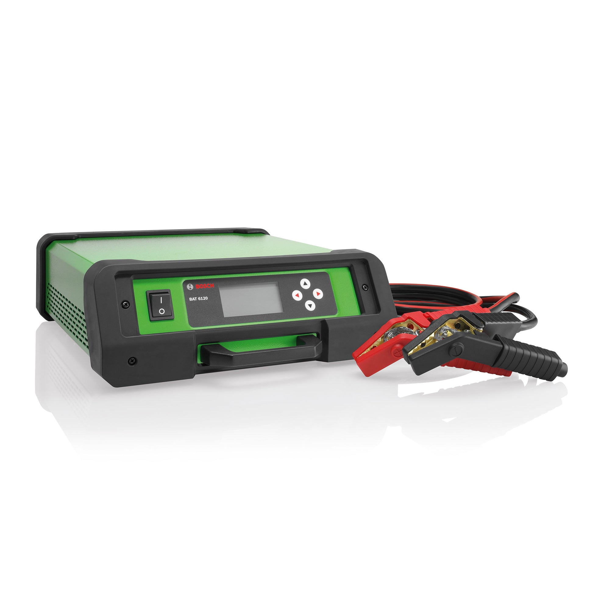 Bosch 6120 12V power supply sitting with the vehicle cables next to it.