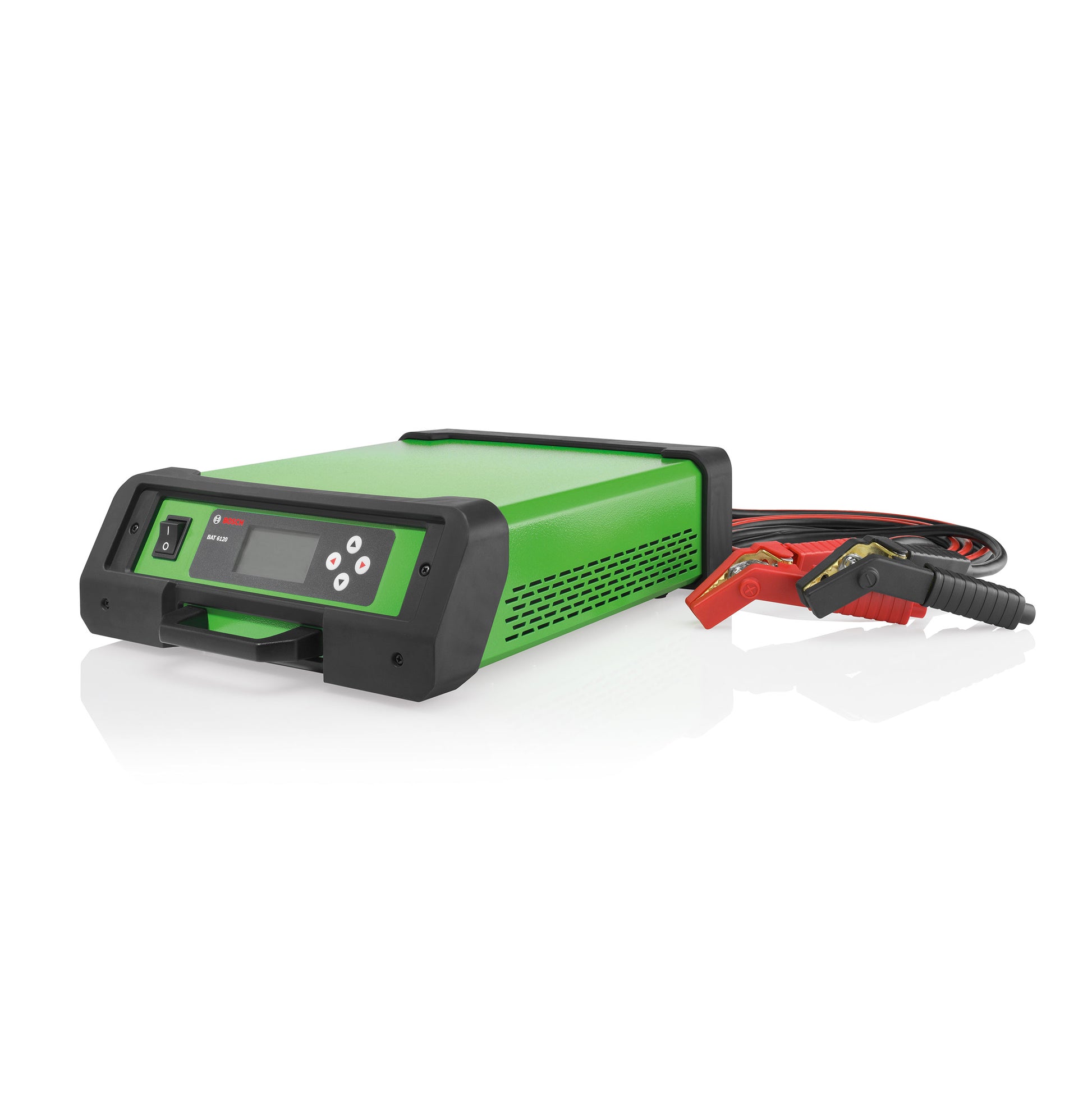 BAT120 battery supply facing the left way with power cables next to it. Showing air vent openings on the side.