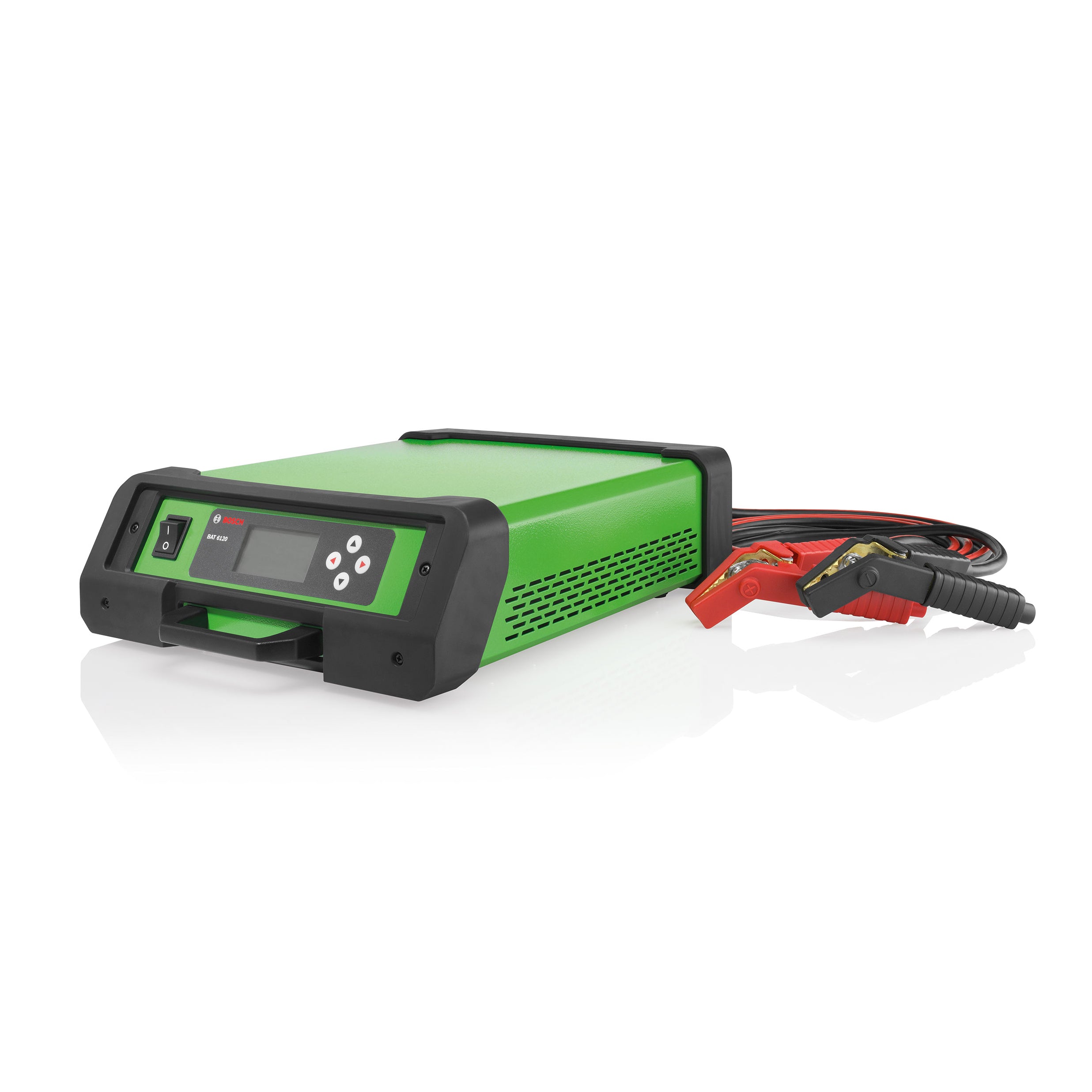 BAT120 battery supply facing the left way with power cables next to it. Showing air vent openings on the side.