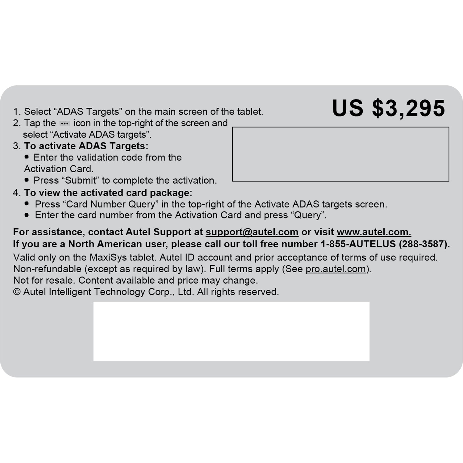 The back of the E-Target activation card is outside of its packaging.