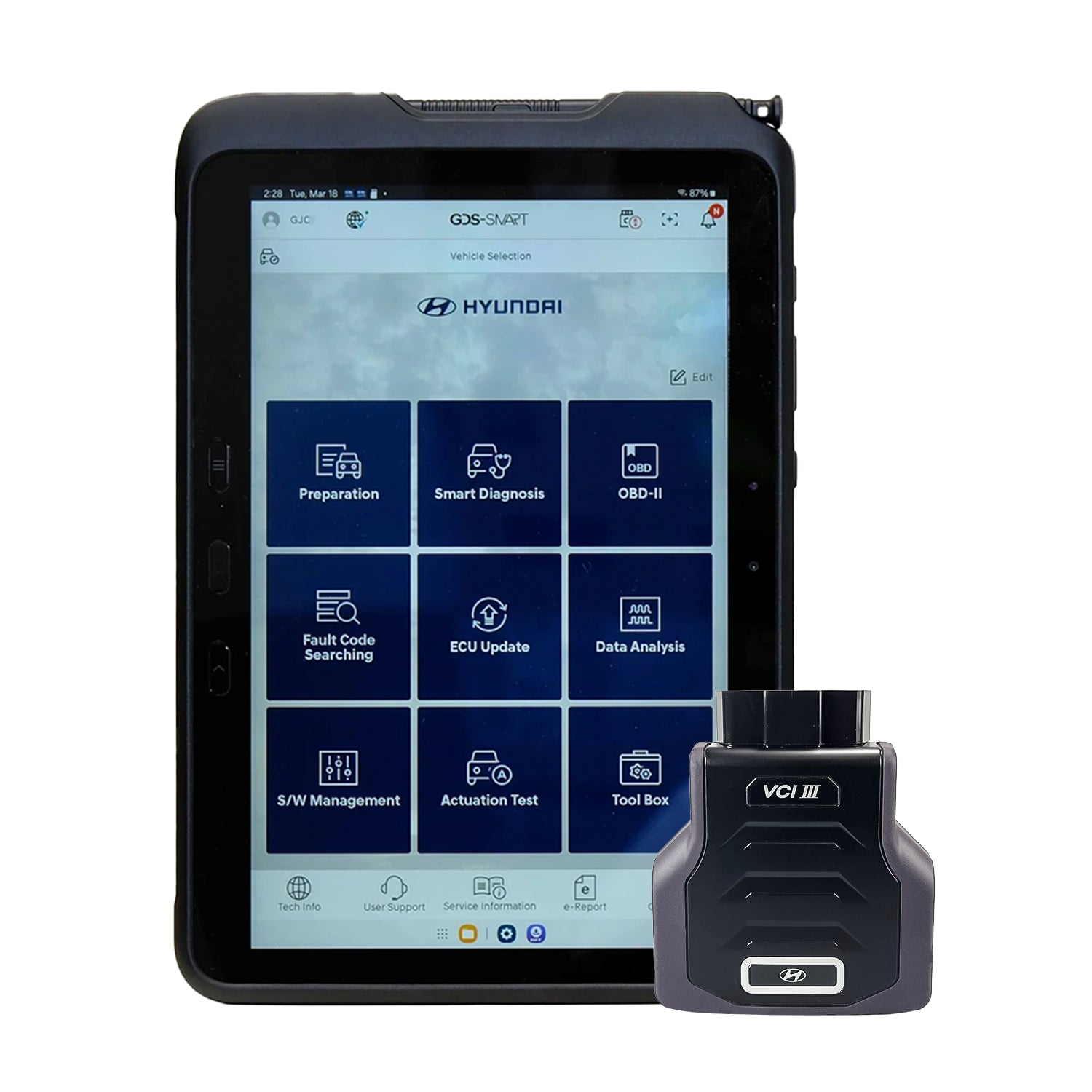 Hyundai diagnostic tool with tablet displaying GDS SMART software interface on a white background
