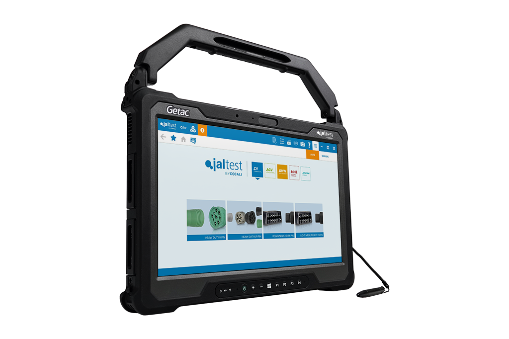 Getac Jaltest Tablet, left side view.