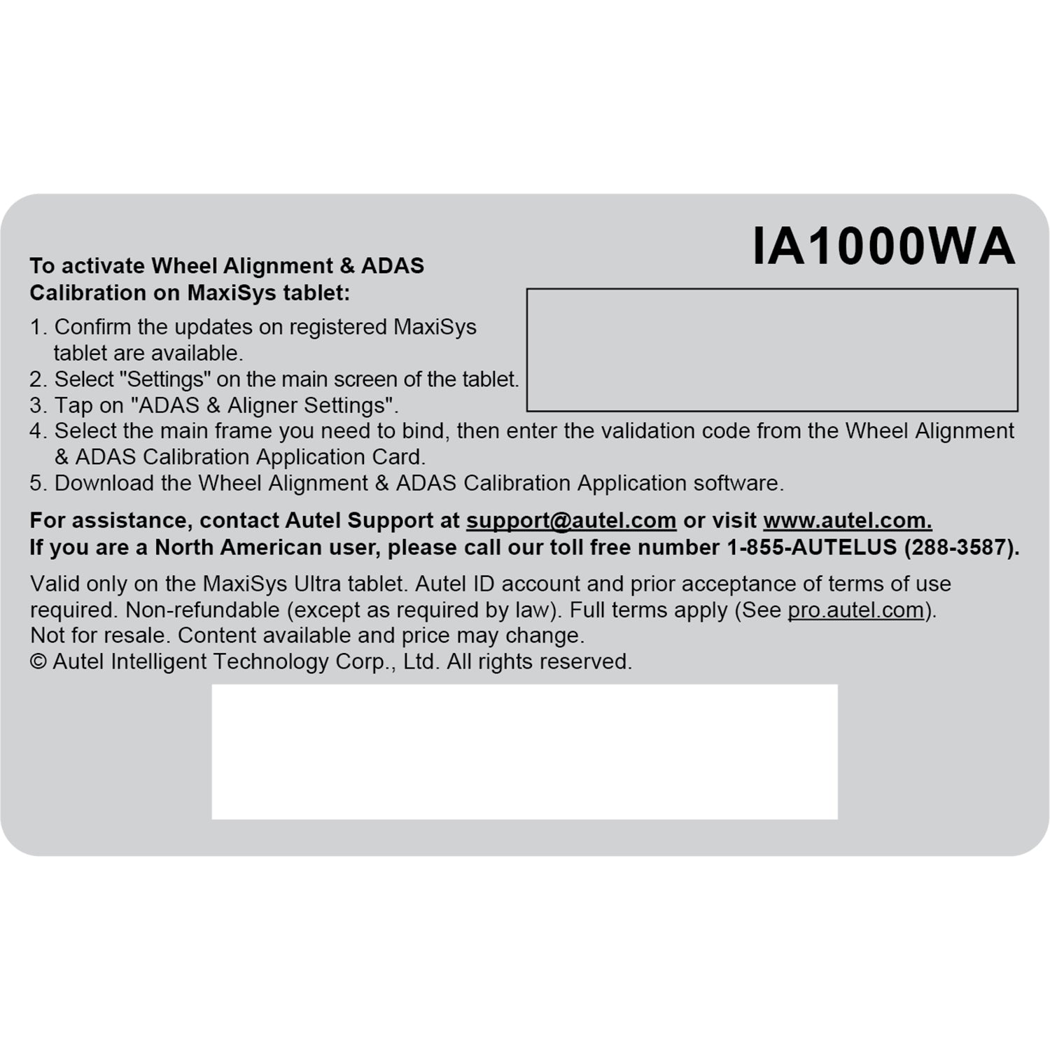 Wheel alignment and adas calibration card outside of page, showing the back of it.