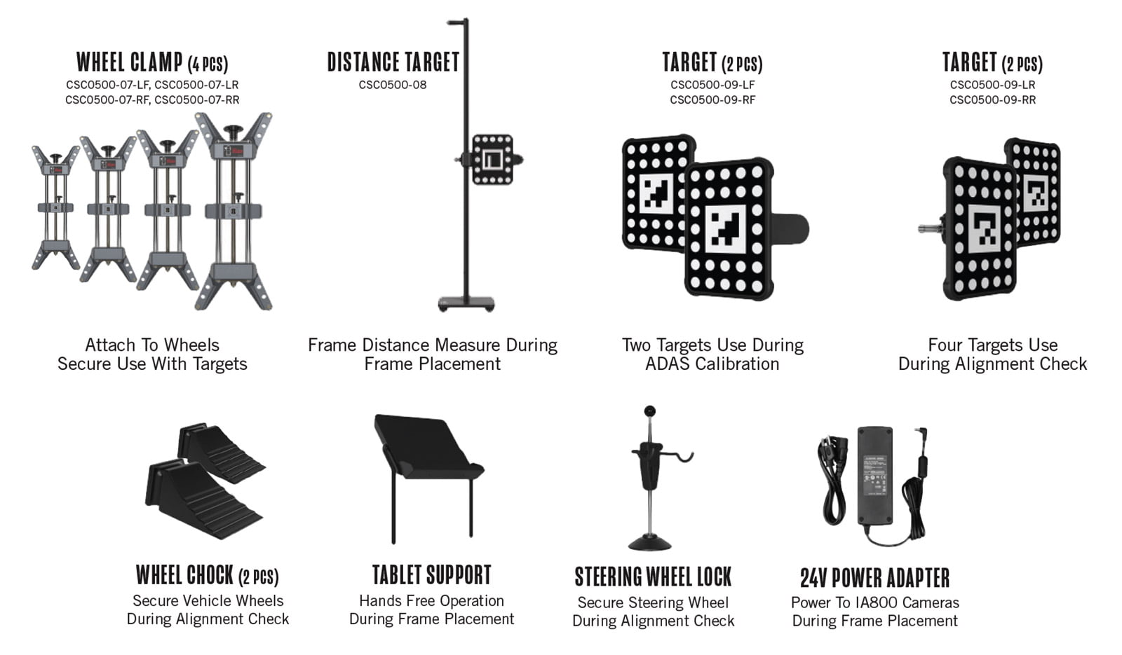 IA800 kit with Wheel clamps, distance target, targets, wheel chock, tablet support. steering wheel lock and 24V power adapter