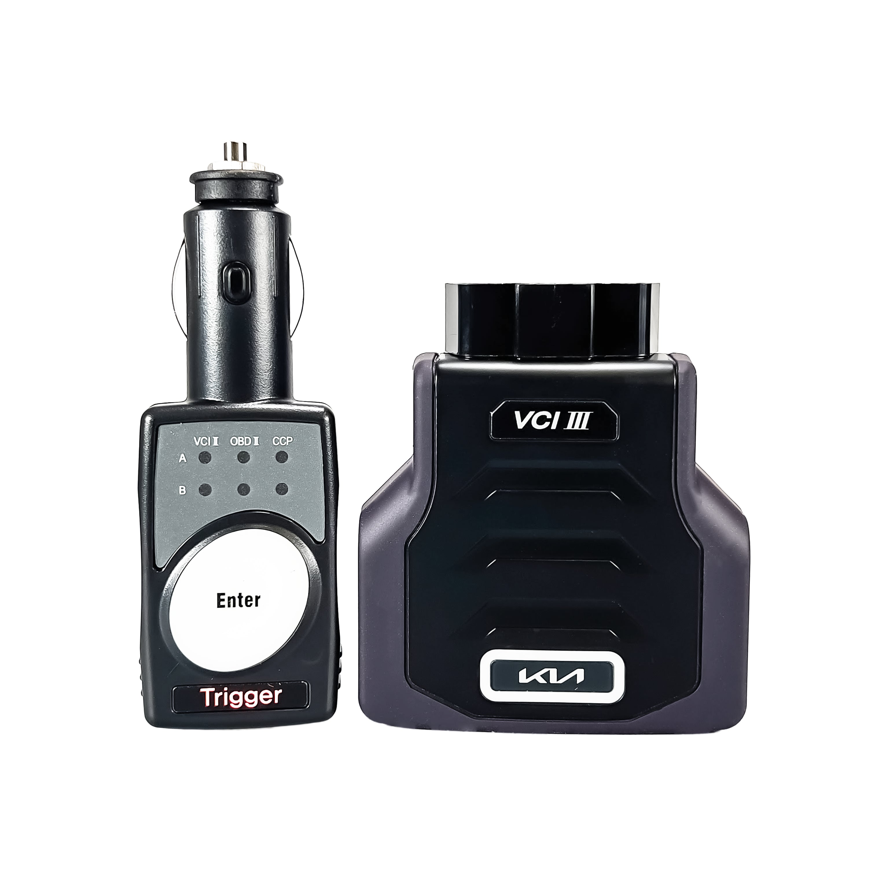 VCI 3 automotive diagnostic device on a white background, one with 'Kia' branding and the other with 'VCI III' with trigger tool