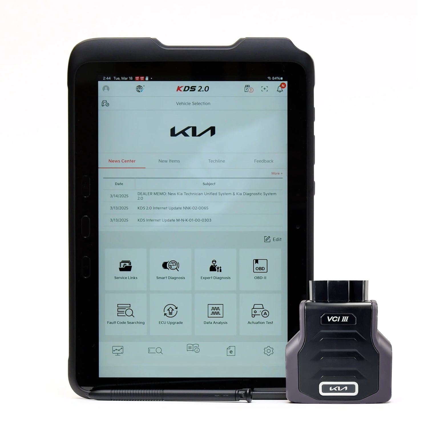 Kia diagnostic tool with tablet and device on a white background
