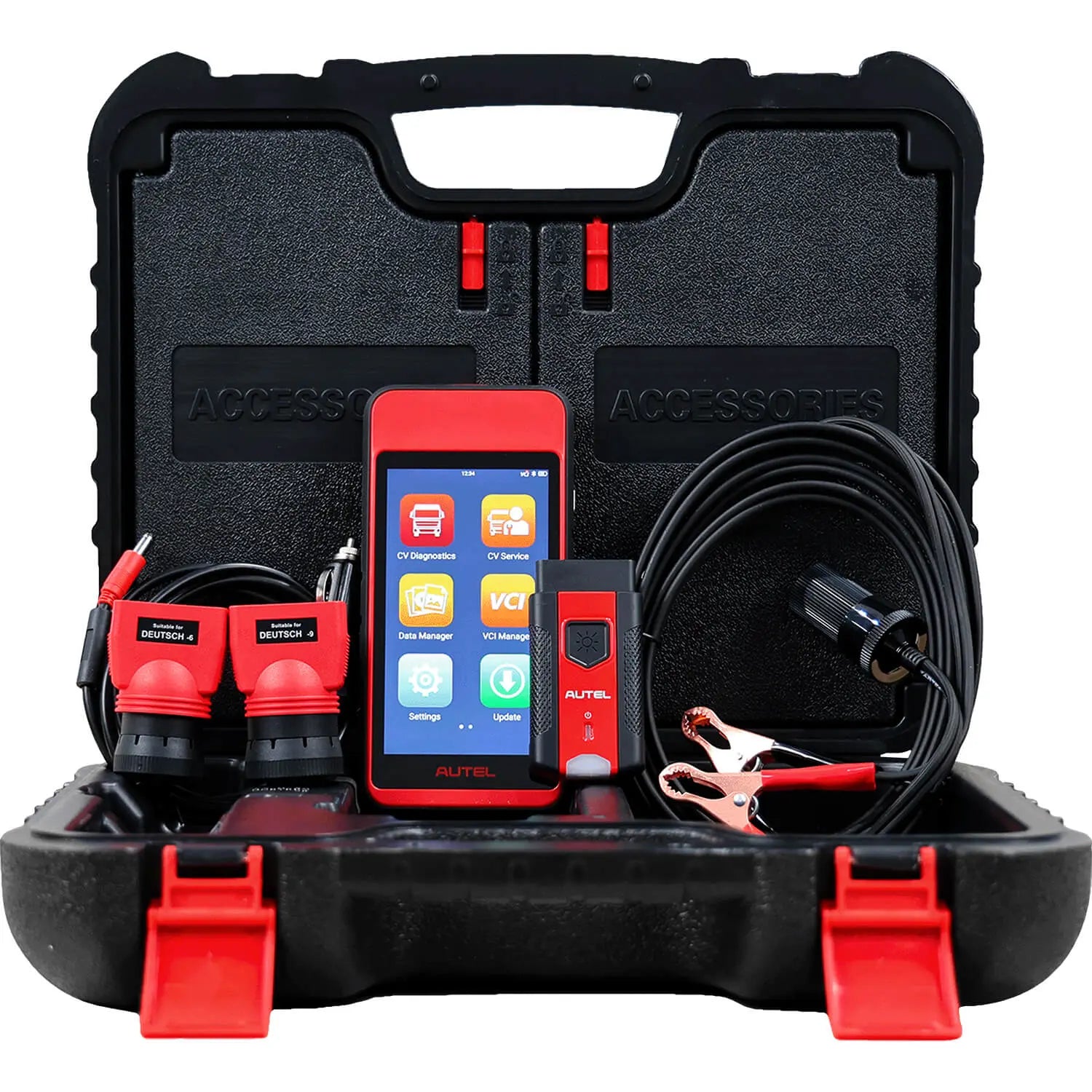 MD600CV kit displaying the VCI, tablet, connectors and cables.