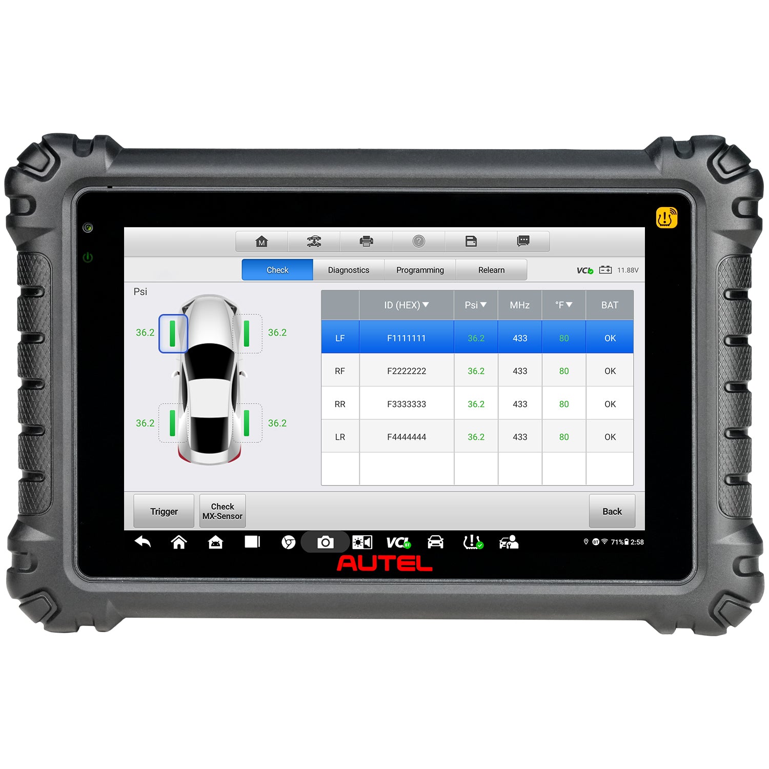 MS906PRO 2 TS showing a diagram of a vehicle analyzing the sensors.