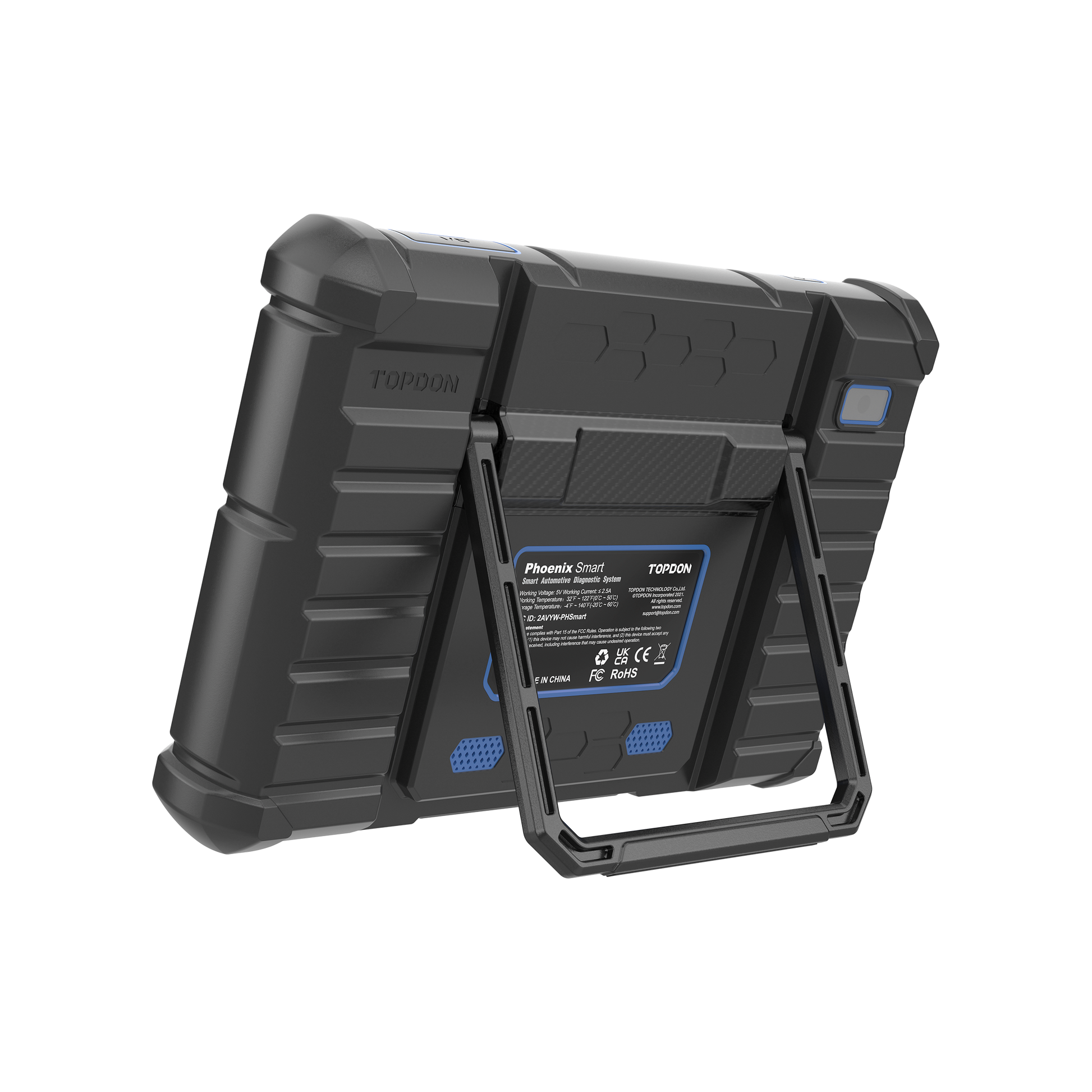 Phoenix smart scan tool, back of the tablet with a standing handle and  caerma.