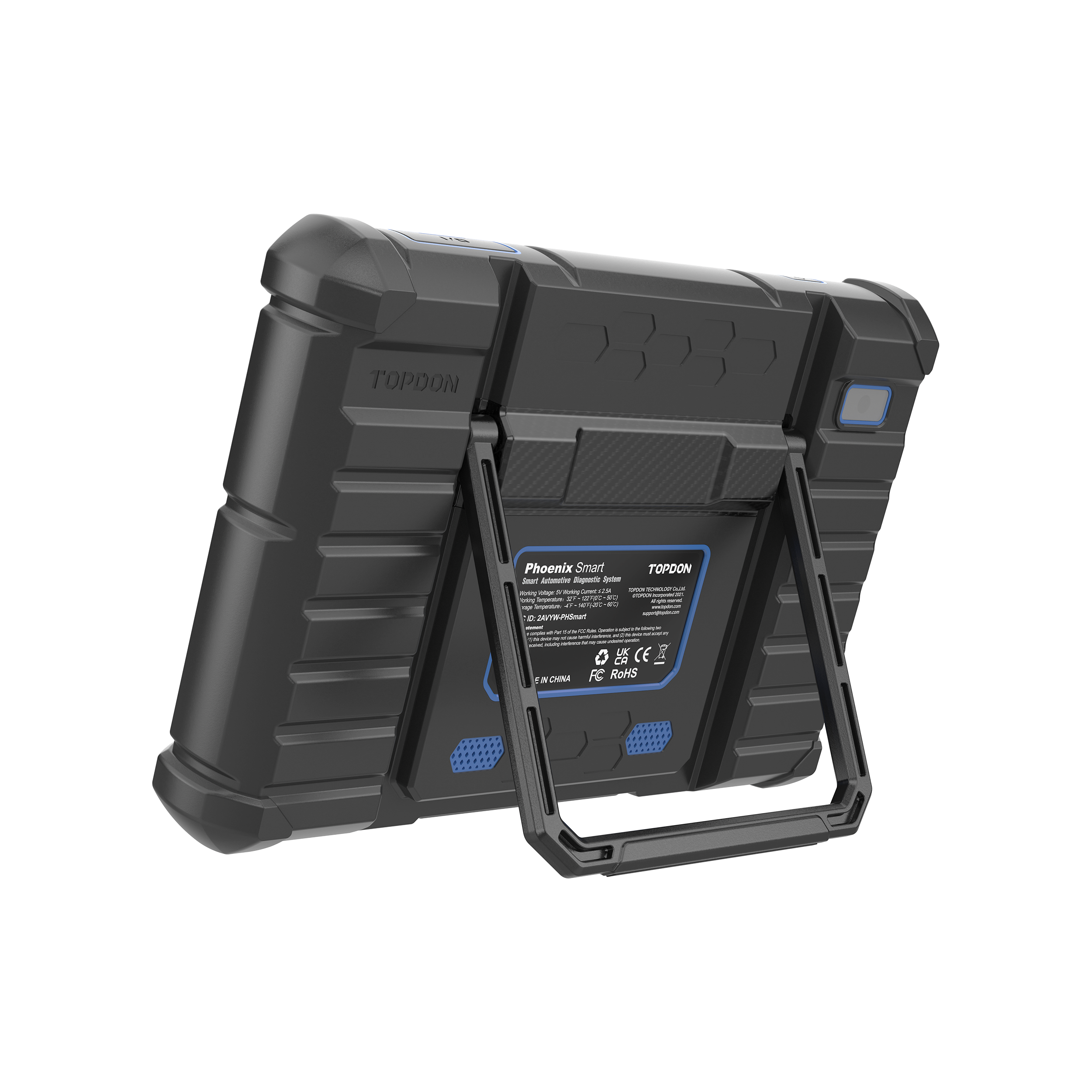 Phoenix smart scan tool, back of the tablet with a standing handle and  caerma.