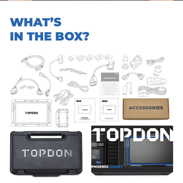 What's in the box illustration with all the accessories and carrying case.