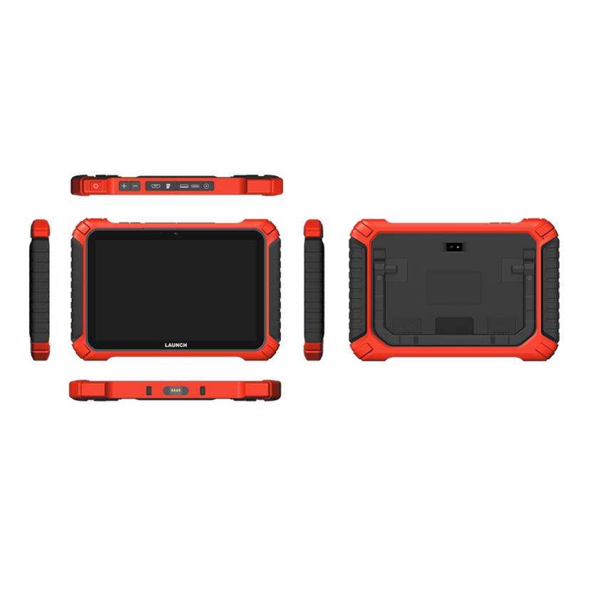 Throttle V layout of the product. Showing a top, bottom, front, back and sides of the tablet.