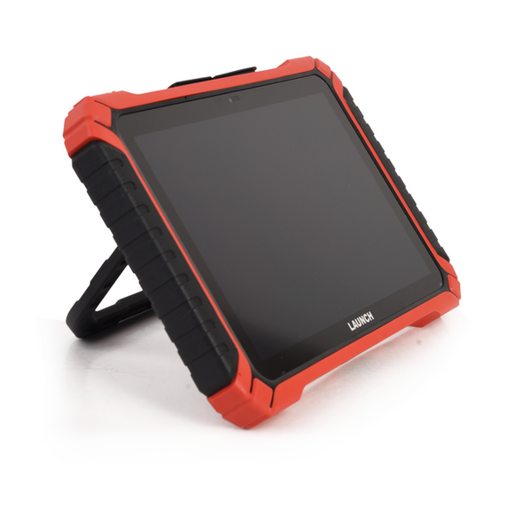 Left side of a slanted Throttle tablet. Comes with a built-in kickstand for optimal views.