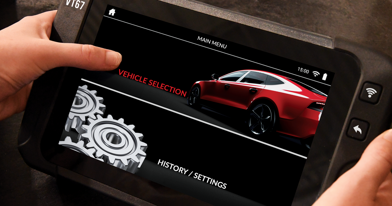 Person holding a VT67 tablet with a vehicle selection app on the screen